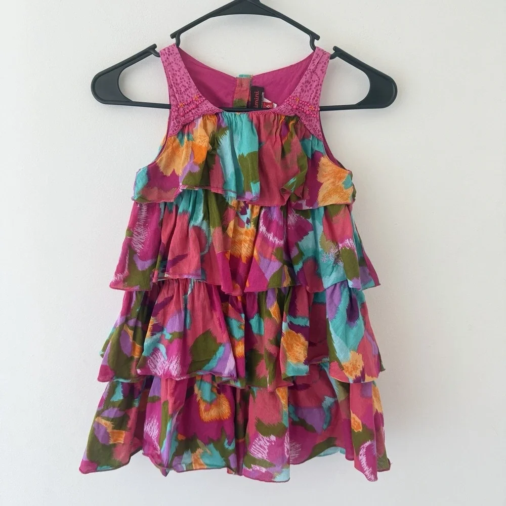 Catimini Sleeveless Dress Girls 6 Colorful Ruffle Cotton Beaded Made in France